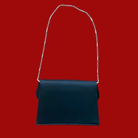 Vintage Black Satin Evening Bag with Silver Fan Decal and Chain Shoulder Strap - Picture 2 of 12